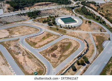 Portimao, Portugal - May 2021 - Aerial Drone View Over Karting Racing Track Near Algarve International Circuit.