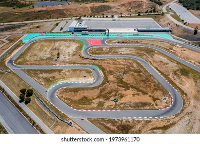 Portimao, Portugal - May 2021 - Aerial Drone View Over Karting Racing Track Near Algarve International Circuit.