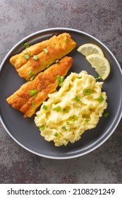 Portion Of Breaded Fried Sea Fish And Mashed Potatoes Close-up In A Plate On A Concrete Background. Vertical Top View From Above
