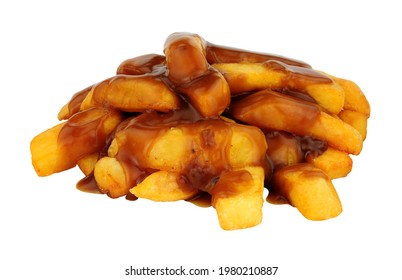 Portion Of Chips And Gravy Isolated On A White Background