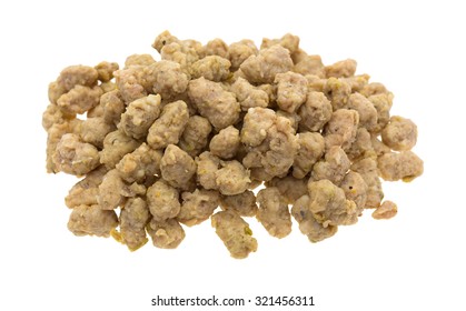 A Portion Of Crumbled Italian Sausage For Pizzas Isolated On A White Background.