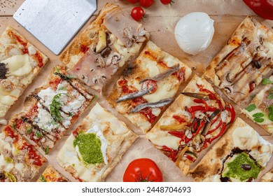 A portion cut from a square-shaped pizza, often associated with styles like Sicilian or Detroit-style pizzas, featuring a thick crust and generous toppings, offering a hearty and satisfying bite.