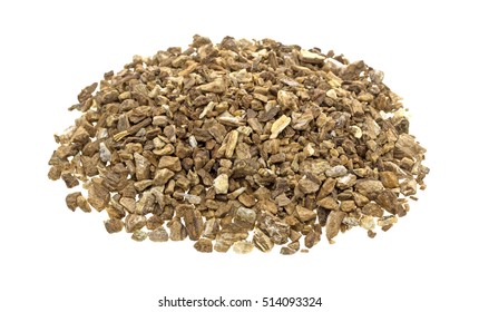 A portion of dried cut and sifted burdock root isolated on a white background.