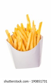 portion of french fries in paper wrapper; roasted french fried potato chips; french fries in white carton box