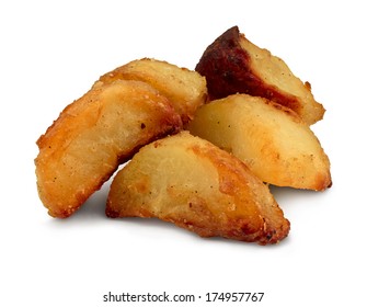 Portion Of Golden Crispy Roast Potatoes Against A White Background.