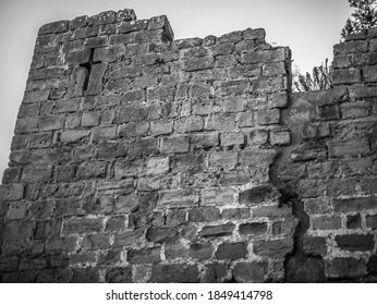 Portion Of One Of The Main Walls Of The Castle Of Sant Martí De Centelles. Black And White