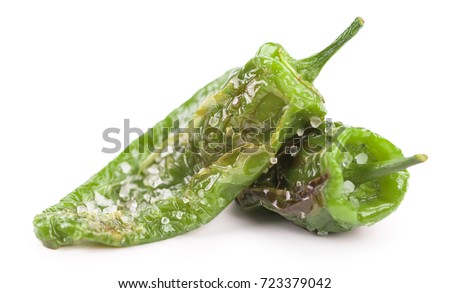 Portion of Pimientos de Padron as detailed close-up shot isolated on white background