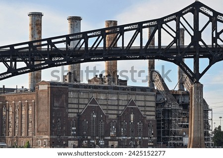 A portion of the Pulaski Skyway in front of an old power plant in Jersey City, New Jersey