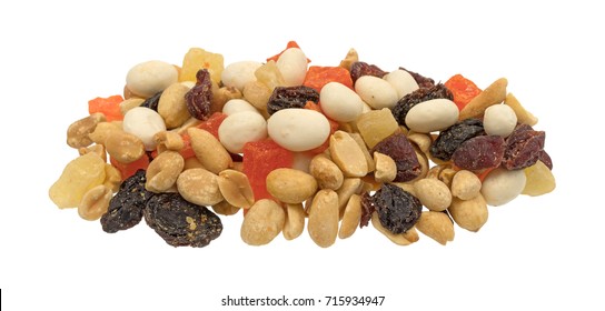 A Portion Of Yogurt Covered Raisin Trail Mix Isolated On A White Background.