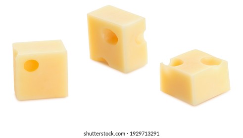 Portions (cubes, Dice) Of Emmental Swiss Cheese. Texture Of Holes And Alveoli. Isolated On White Background