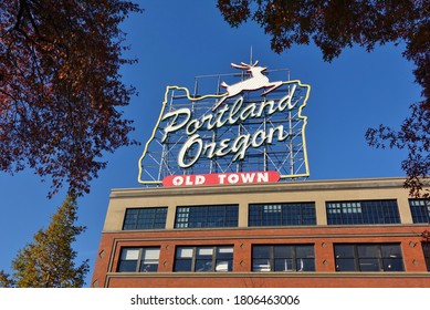 PORTLAND, OR -2 NOV 2019- View Of The Iconic White Stag, A Landmark Neon Sign Portland, Oregon, United States.