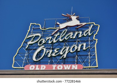 PORTLAND, OR -21 JUL 2017- View Of The Iconic White Stag, A Landmark Neon Sign Portland, Oregon.