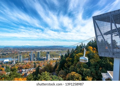 Portland Aerial Tram with a view of Portland, Oregon with Mt. Hood in the background