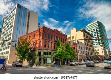 PORTLAND, OR - AUGUST 18, 2017: City Buildings On A Sunny Summer Afternoon.