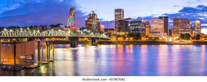 Portland City Scape At Night With Reflection On The Water,Oregon,usa.