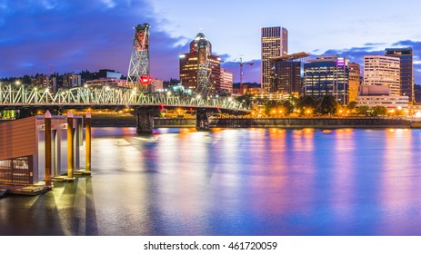 Portland City Scape At Night With Reflection On The Water,Oregon,usa.