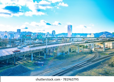 Portland City Scape On The Day View From Burnside Bridge