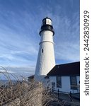 Portland Head Light lighthouse is located on Cape Elizabeth at Fort Williams Park in Maine close up 