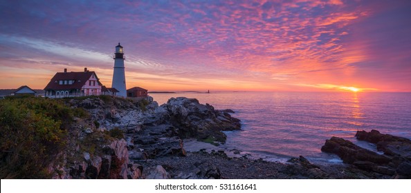 Portland Head Light Sunrise Panorama. 