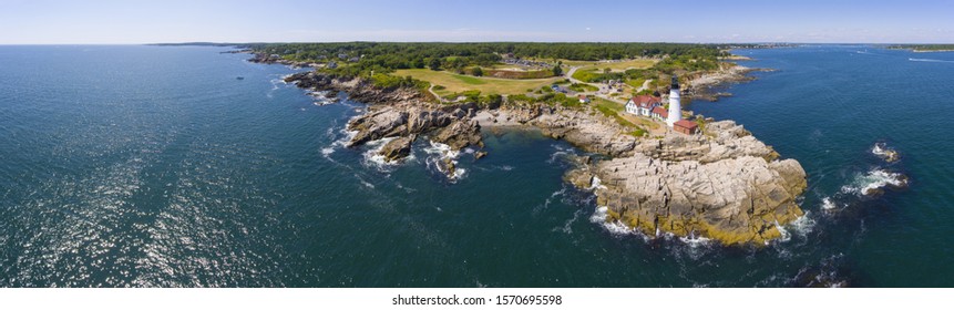 Portland Head Lighthouse panorama aerial view in summer, Cape Elizabeth, Maine, ME, USA. This lighthouse was built in 1791, and is the oldest lighthouse in Maine.