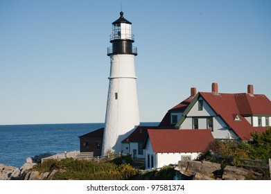 Portland Head Lighthouse is vibrant in the afternoon light in Portland, Maine