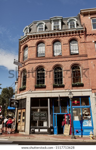 Portland, Maine - September 26th, 2019:  Exterior of
brick buildings in historic Old Port district of Portland, Maine. 
