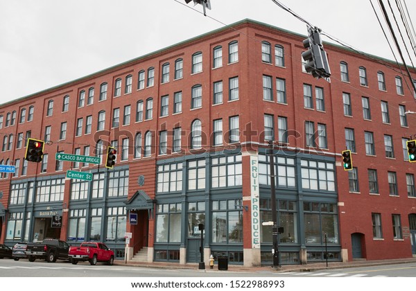 Portland, Maine - September 26th, 2019:  Exterior of\
brick buildings in historic Old Port district of Portland, Maine. \
