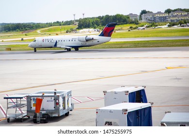 Portland, Maine USA August 9, 2019. A Delta Jet Taxis For Takeoff At Portland International Jetport.