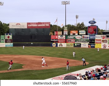 PORTLAND, ME - MAY 29: Portland Sea Dogs 11 Vs New Britain Rock Cats 3: Rock Cats Yangervis Solarte Runs To First As First Baseman Fields Catch. At Hadlock Field Portland, Maine On May 29, 2010.