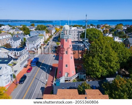 Portland Observatory aerial view at 138 Congress Street on Munjoy Hill in Portland, Maine ME, USA. This observatory is a historic maritime signal tower built in 1807. 