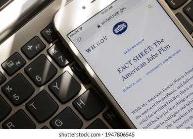 Portland, OR, USA - Apr 1, 2021: The Fact Sheet Of The American Jobs Plan, The Infrastructure Plan By The Biden Administration Released On March 31, 2021 Is Seen On The White House Website On A Phone.