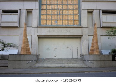 Portland, OR, USA - Apr 18, 2021: The Boarded-up Multnomah County Justice Center In Downtown Portland, Oregon, Amid The Longstanding Anti-police Protests.