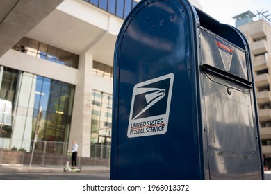 Portland, OR, USA - Apr 18, 2021: Closeup Of A USPS Mailbox In Downtown Portland, Oregon.