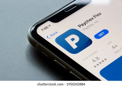 Portland, OR, USA - Apr 2, 2021: Paychex Flex App Is Seen In The App Store On An IPhone. Paychex Flex Aims At Keeping Employers And Employees Connected To The Most Vital Payroll And Benefits Features.