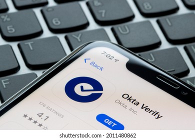 Portland, OR, USA - Apr 2, 2021: Okta Verify mobile app is seen in the App Store on an iPhone. Okta Verify is an MFA factor and authenticator app developed by Okta.