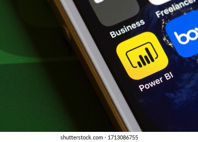 Portland, OR, USA - Apr 22, 2020: Microsoft Power BI Mobile App Icon Is Seen On A Smartphone. The Business Analytics App Provides Interactive Data Visualization And Business Intelligence Capabilities.