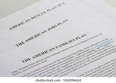 Portland, OR, USA - Apr 29, 2021: Closeup Of The Document Of The American Families Plan Released On April 28, 2021, On Top Of Those Of The American Jobs Plan And American Rescue Plan Act (ARPA).