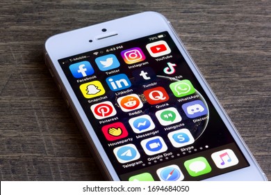 Portland, OR, USA - Apr 5, 2020: Icons of popular social media and social networking mobile apps are seen on a smartphone.