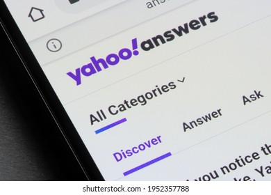 Portland, OR, USA - Apr 8, 2021: The homepage of Yahoo Answers is seen on a smartphone. Yahoo Answers, one of the longest-running and most storied web QnA platforms, is shutting down forever on May 4.