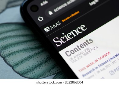 Portland, OR, USA - Aug 10, 2021: Closeup Of The Homepage Of Science Magazine On A Smartphone. Science Is The Peer-reviewed Academic Journal Of The American Association For The Advancement Of Science.