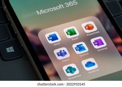 Portland, OR, USA - Aug 10, 2021: Premium Microsoft 365 apps are seen on an iPhone, including Word, Excel, PowerPoint, Teams, Outlook, OneNote, SharePoint, and OneDrive.