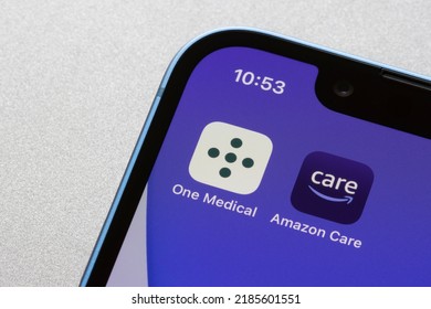 Portland, OR, USA - Aug 2, 2022: One Medical And Amazon Care App Icons Are Seen On An IPhone. Amazon's Acquisition Of One Medical Brings Amazon Further Into The Healthcare Industry.