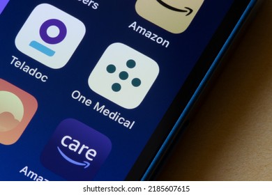 Portland, OR, USA - Aug 2, 2022: One Medical, Amazon Care And Teladoc Apps Are Seen On An IPhone. Amazon's Acquisition Of One Medical Brings Amazon Further Into The Healthcare Industry.