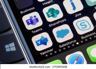 Portland, OR, USA - Aug 9, 2020: Yammer mobile app icon is seen on an iPhone. Yammer can be integrated with other applications, such as Microsoft Teams, SharePoint, Salesforce, and Skype for Business.
