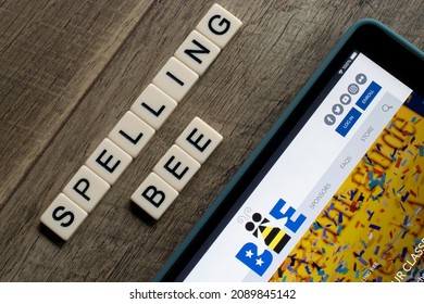 Portland, OR, USA - Dec 12, 2021: The Spelling Bee Logo Is Seen On Its Website On An IPad. The Scripps National Spelling Bee Is Administered On A Not-for-profit Basis By The E.W. Scripps Company.