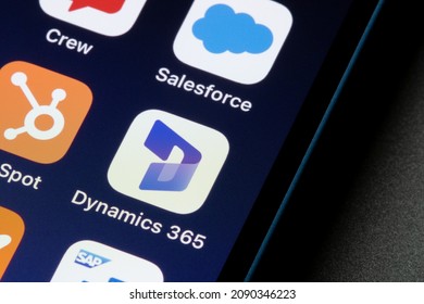 Portland, OR, USA - Dec 13, 2021: Microsoft Dynamics 365 app icon is seen on an iPhone. Dynamics 365 is a cloud-based business apps platform combining components of CRM, ERP, productivity, AI tools.