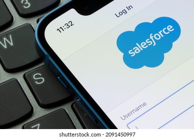 Portland, OR, USA - Dec 15, 2021: Salesforce mobile app login page is seen on an iPhone. Salesforce is an American cloud-based software company known for its CRM service platform.