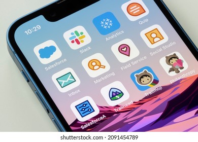 Portland, OR, USA - Dec 15, 2021: Assorted Salesforce apps are seen on an iPhone, including Salesforce, Slack, Tableau Analytics, Quip, Inbox, Marketing, Field Service, Social Studio, Trailhead, etc.