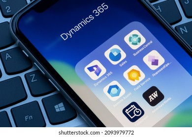 Portland, OR, USA - Dec 20, 2021: Microsoft Dynamics 365 app icons are seen on an iPhone. Dynamics 365 is a product line of ERP and CRM intelligent business applications.