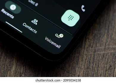 Portland, OR, USA - Dec 22, 2021: Closeup of the android voicemail icon with a badge showing 7 new voice messages seen on a Google Pixel 4a smartphone.